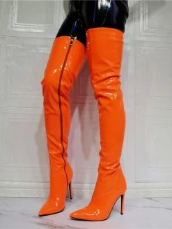 Women's Thigh High Heel Boots In Orange Patent Bright Leather