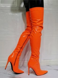 Women's Thigh High Heel Boots In Orange Patent Bright Leather -winter shoes Sales 2023 202107281905406574200