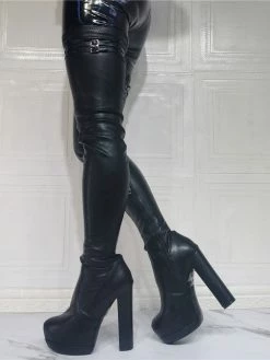 Women's Platform Chunky Heel Thigh High Boots In Black