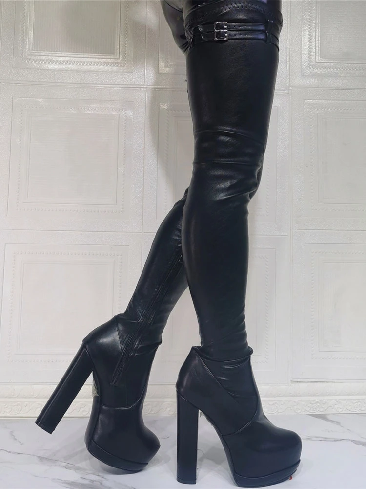 Women's Platform Chunky Heel Thigh High Boots In Black 6 Women's Platform Chunky Heel Thigh High Boots In Black - Image 6