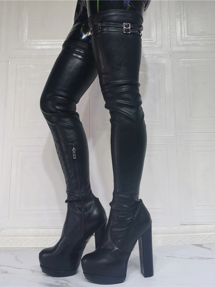 Women's Platform Chunky Heel Thigh High Boots In Black 5 Women's Platform Chunky Heel Thigh High Boots In Black - Image 5