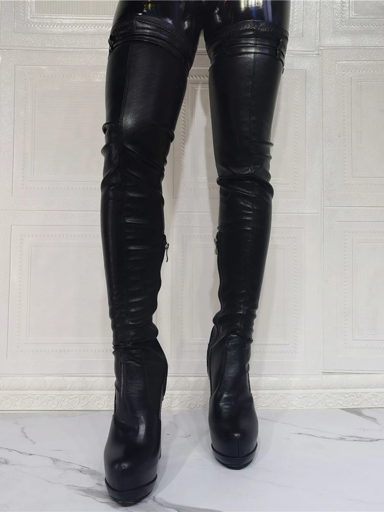 Women's Platform Chunky Heel Thigh High Boots In Black 4 Women's Platform Chunky Heel Thigh High Boots In Black - Image 4