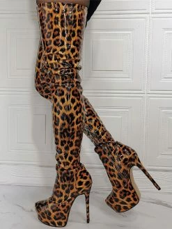 Women's Animal Print Platform Thigh High Heel Boots