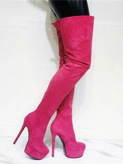 Women's Platform Thigh High Heel Boots In Pink Suede