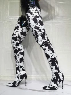 Women's Cow Print Thigh High Heel Boots