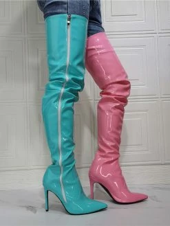 Women's Two Tone Thigh High Heel Boots In Patent Leather