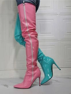 Women's Two Tone Thigh High Heel Boots In Patent Leather -winter shoes Sales 2023 202107281907344034596