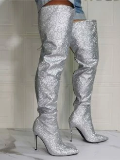 Women's Glitter Thigh High Heel Boots In Silver