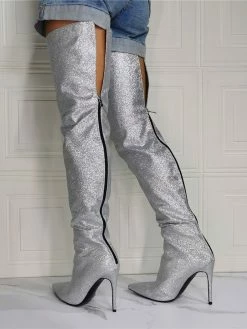 Women's Glitter Thigh High Heel Boots In Silver -winter shoes Sales 2023 202107281907361454982