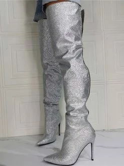 Women's Glitter Thigh High Heel Boots In Silver -winter shoes Sales 2023 20210728190736575329