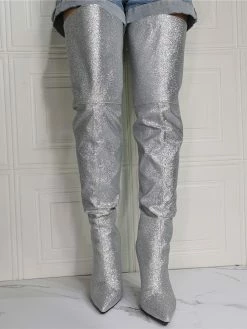 Women's Glitter Thigh High Heel Boots In Silver -winter shoes Sales 2023 202107281907369918304