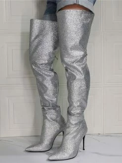 Women's Glitter Thigh High Heel Boots In Silver -winter shoes Sales 2023 202107281907373529594