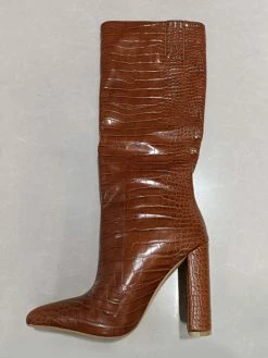 Women's Stone Grain Chunky Bright Leather Heel Knee High Boots -winter shoes Sales 2023 202107281908484308375