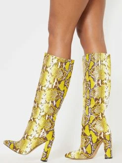 Women's Python Chunky Heel Knee-High Boots In Yellow