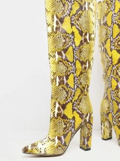 Women's Python Chunky Heel Knee-High Boots In Yellow -winter shoes Sales 2023 202107281909097846800