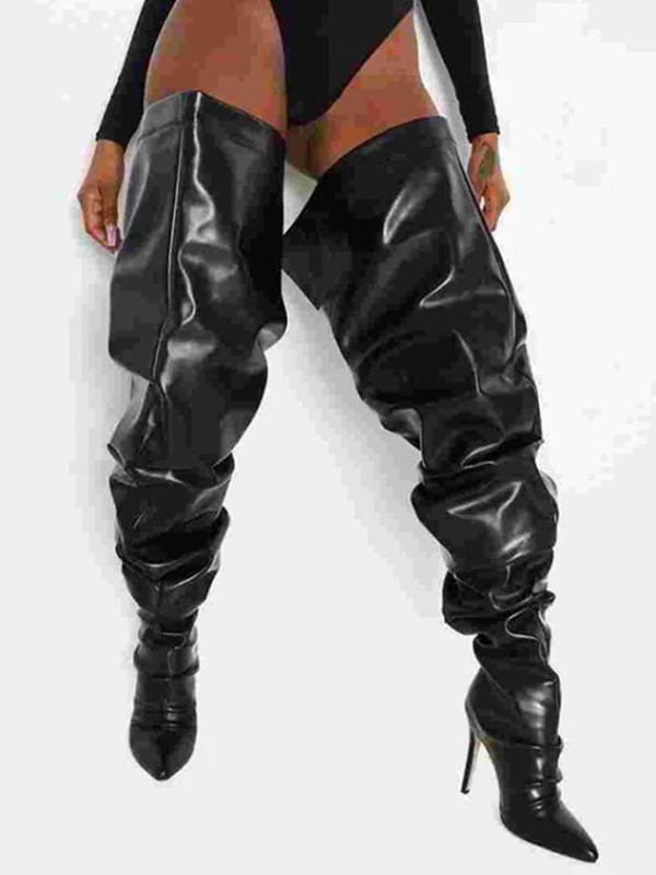 Women's Wide Slouch Thigh High Heel Boots In Black Bright Leather 2 Women's Wide Slouch Thigh High Heel Boots In Black Bright Leather - Image 2