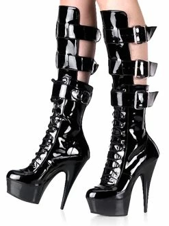 Pole Dance Shoes Women's Black Sexy Lace Up Platform Stiletto Heel Knee High Boots With Buckles
