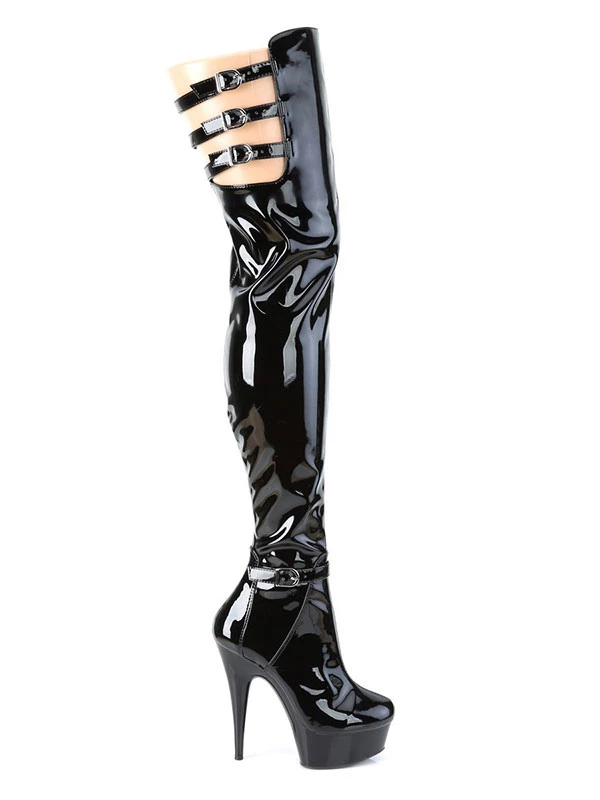 Pole Dance Shoes Women's Sexy Platform Thigh High Heel Boots With Buckles In Black Patent Leather 5 Pole Dance Shoes Women's Sexy Platform Thigh High Heel Boots With Buckles In Black Patent Leather - Image 5