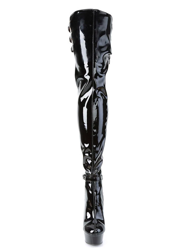 Pole Dance Shoes Women's Sexy Platform Thigh High Heel Boots With Buckles In Black Patent Leather 3 Pole Dance Shoes Women's Sexy Platform Thigh High Heel Boots With Buckles In Black Patent Leather - Image 3
