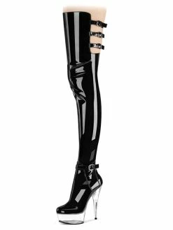 Pole Dance Shoes Women's Sexy Platform Thigh High Heel Boots With Buckles In Black Patent Leather