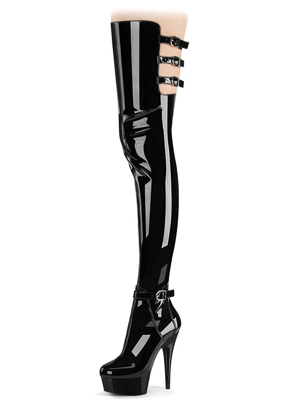 Pole Dance Shoes Women's Sexy Platform Thigh High Heel Boots With Buckles In Black Patent Leather 2 Pole Dance Shoes Women's Sexy Platform Thigh High Heel Boots With Buckles In Black Patent Leather - Image 2