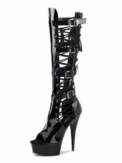 Pole Dance Shoes Women's Buckle Lace Up Platform High Heel Knee Boots In Black