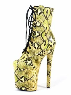 Pole Dance Shoes Women's Python Lace Up Platform Sky High Heel Ankle Boots Yellow