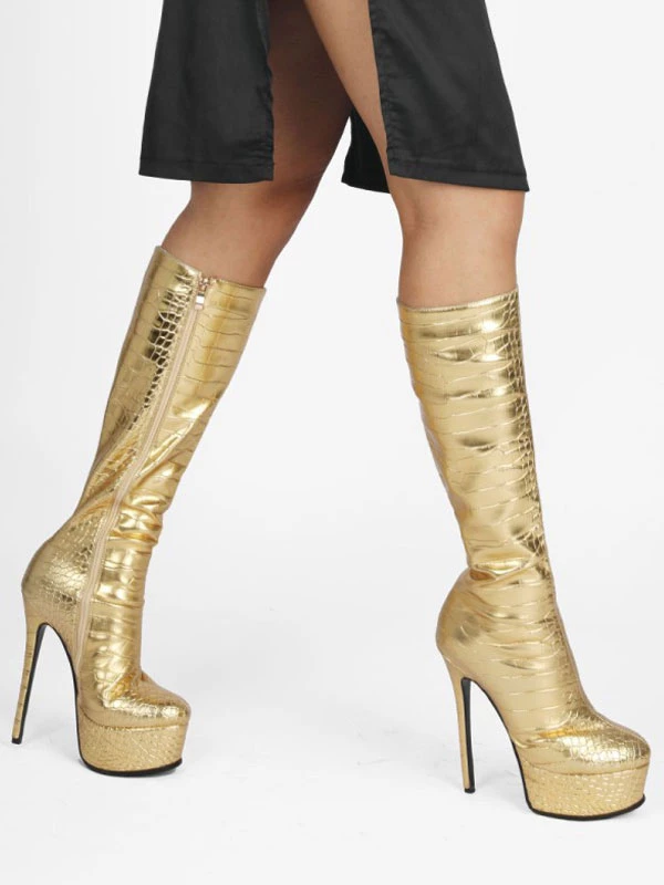 Women's Metallic Croc Print Platform Stiletto Heel Knee High Boots 3 Women's Metallic Croc Print Platform Stiletto Heel Knee High Boots - Image 3