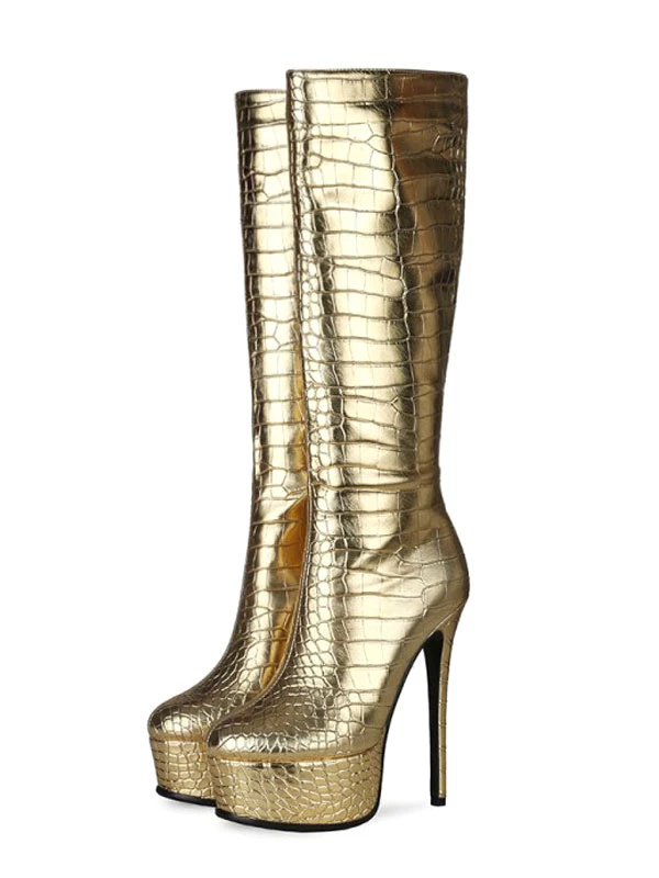 Women's Metallic Croc Print Platform Stiletto Heel Knee High Boots 4 Women's Metallic Croc Print Platform Stiletto Heel Knee High Boots - Image 4