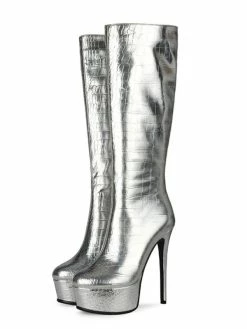 Women's Metallic Croc Print Platform Stiletto Heel Knee High Boots 19 Women's Metallic Croc Print Platform Stiletto Heel Knee High Boots -winter shoes Sales 2023 202108171814239224923