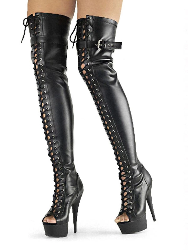 Pole Dance Shoes Women Sexy Thigh High Boots Buckle Stiletto Heel Lace Up Black 3 Pole Dance Shoes Women Sexy Thigh High Boots Buckle Stiletto Heel Lace Up Black - Image 3