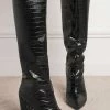 Women's Crocdile Print Chunky Heel Knee High Boots In Black