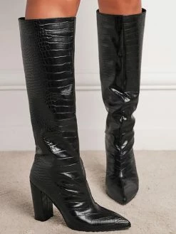 Women's Crocdile Print Chunky Heel Knee High Boots In Black