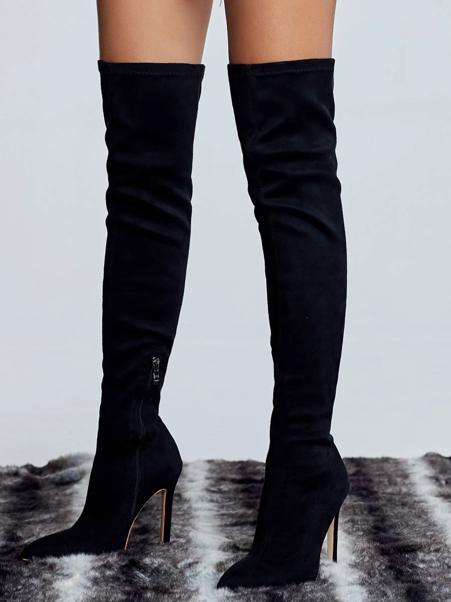 Women's Stiletto Heel Thigh High Boots In Black Suede 2 Women's Stiletto Heel Thigh High Boots In Black Suede - Image 2