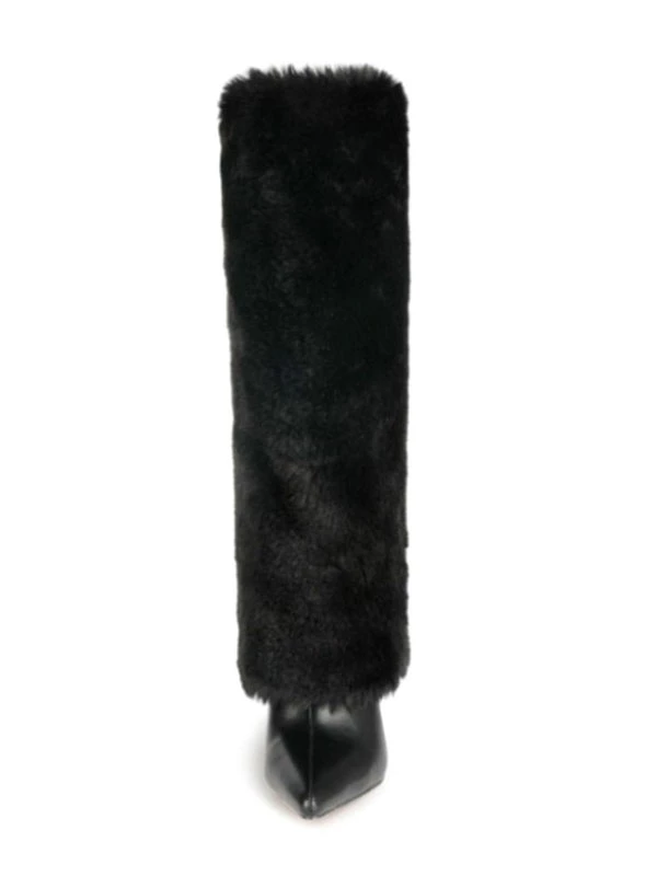 Women's White Boots Fuzzy Stiletto Heel Knee High Boots 3 Women's White Boots Fuzzy Stiletto Heel Knee High Boots - Image 3