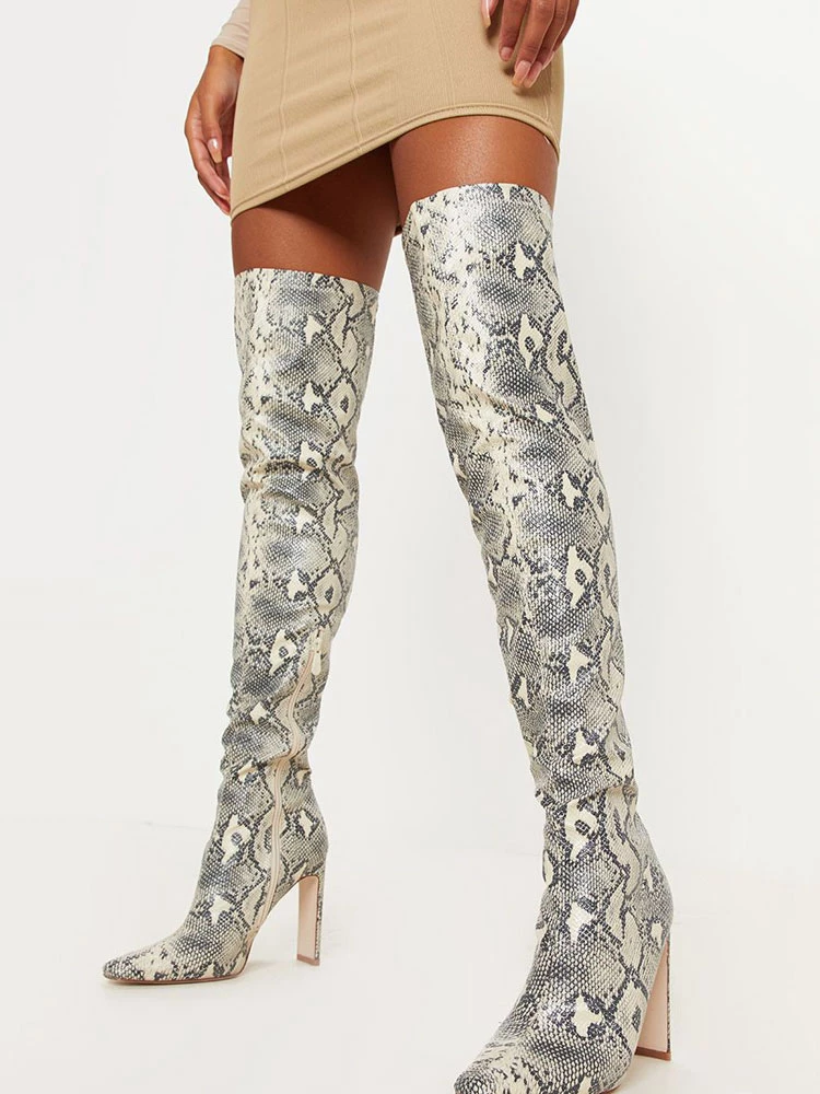 Women's Snakeskin Chunky Heel Thigh High Boots Grey 1 Women's Snakeskin Chunky Heel Thigh High Boots Grey