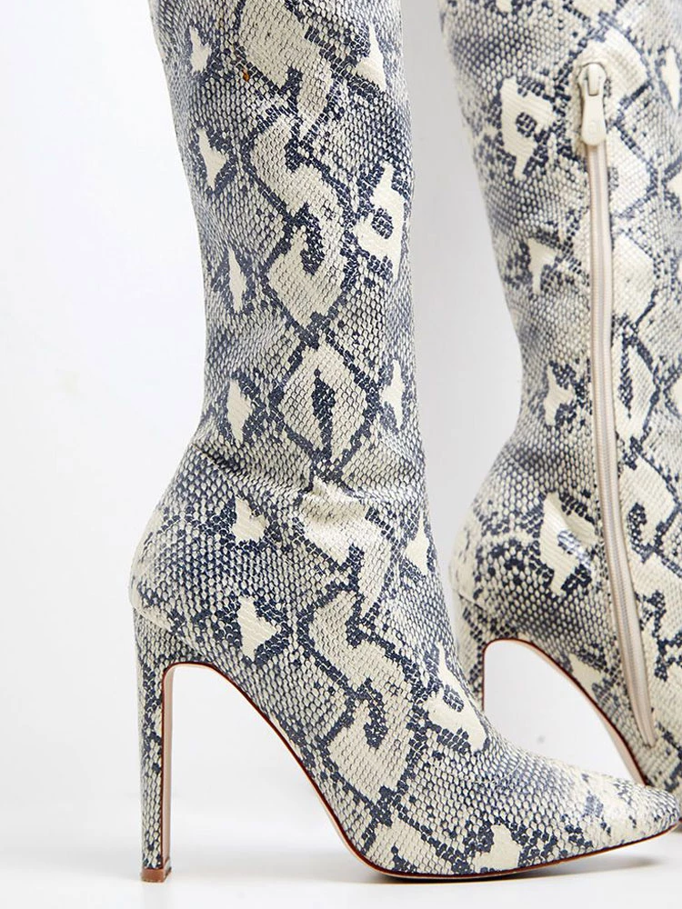 Women's Snakeskin Chunky Heel Thigh High Boots Grey 3 Women's Snakeskin Chunky Heel Thigh High Boots Grey - Image 3
