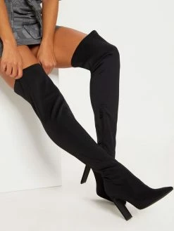 Women's Black Chunky Heel Thigh High Boots