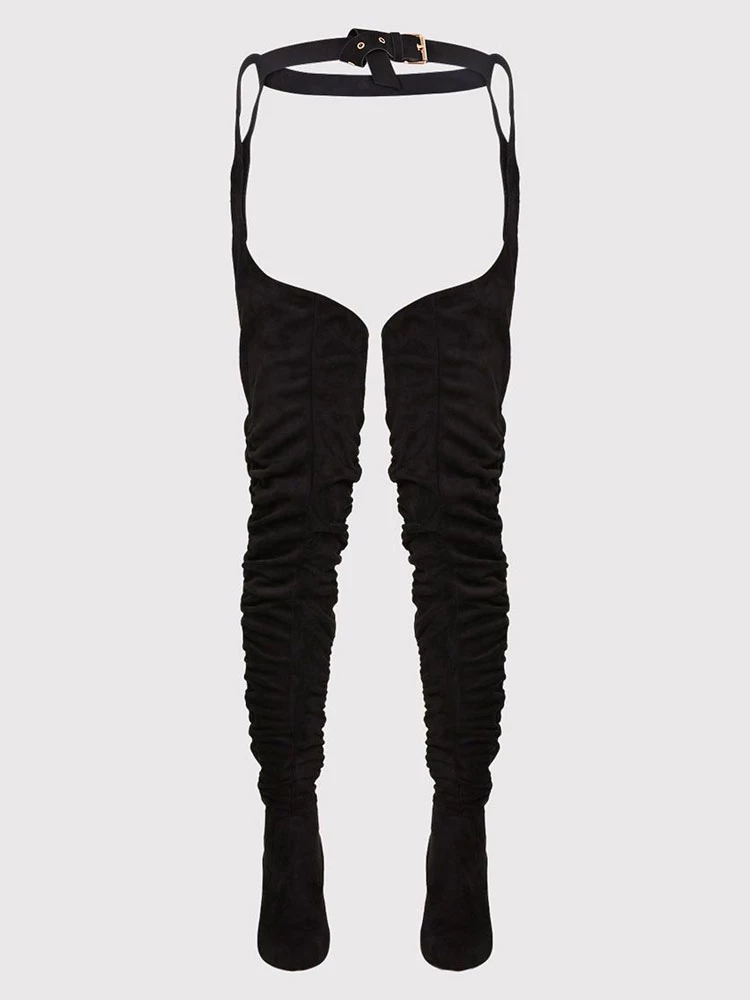 Women's Thigh High Belt Boots Chunky Heel Black Faux Suede 5 Women's Thigh High Belt Boots Chunky Heel Black Faux Suede - Image 5