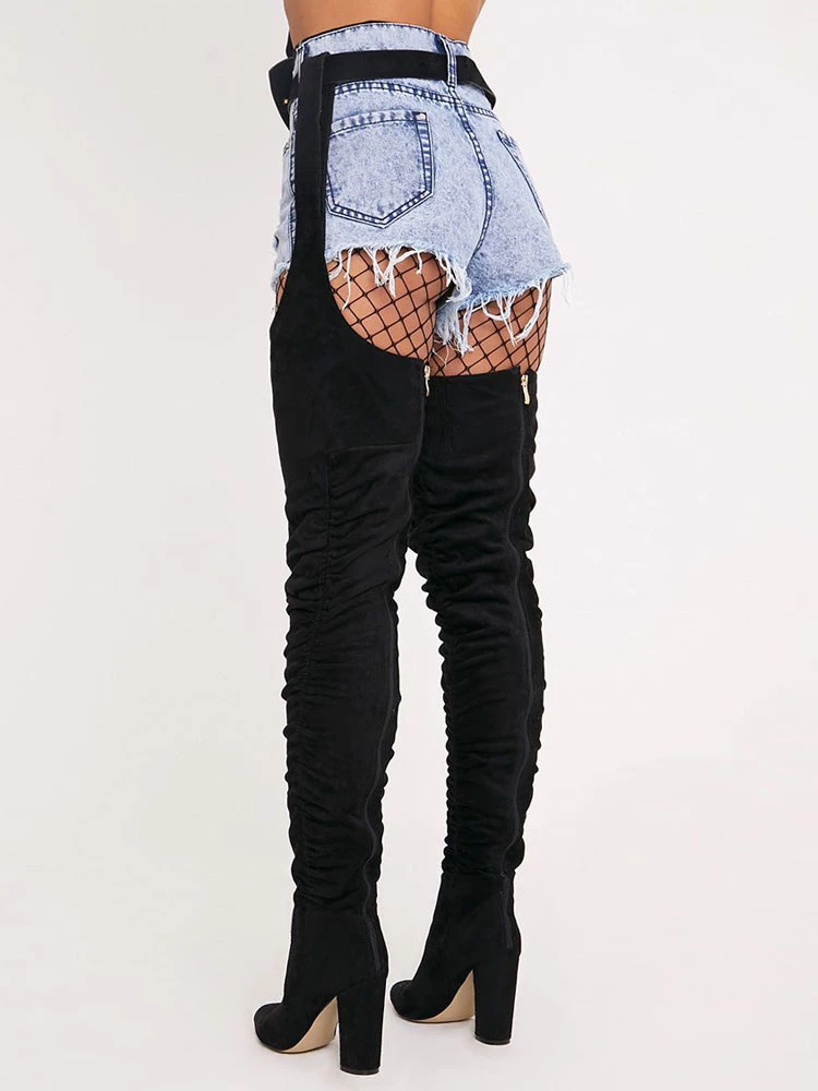 Women's Thigh High Belt Boots Chunky Heel Black Faux Suede 3 Women's Thigh High Belt Boots Chunky Heel Black Faux Suede - Image 3