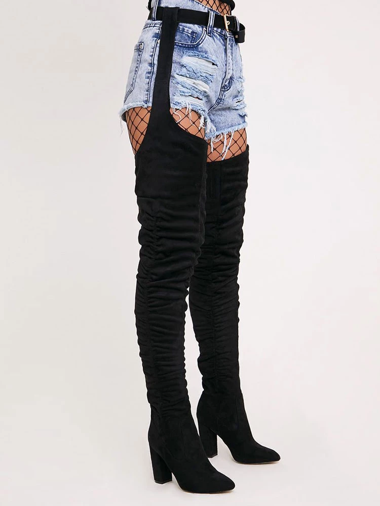 Women's Thigh High Belt Boots Chunky Heel Black Faux Suede 2 Women's Thigh High Belt Boots Chunky Heel Black Faux Suede - Image 2