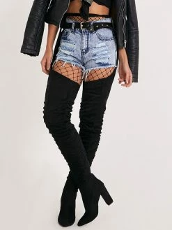 Women's Thigh High Belt Boots Chunky Heel Black Faux Suede