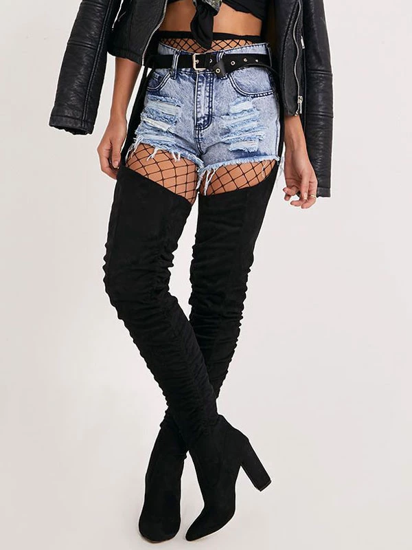 Women's Thigh High Belt Boots Chunky Heel Black Faux Suede 1 Women's Thigh High Belt Boots Chunky Heel Black Faux Suede