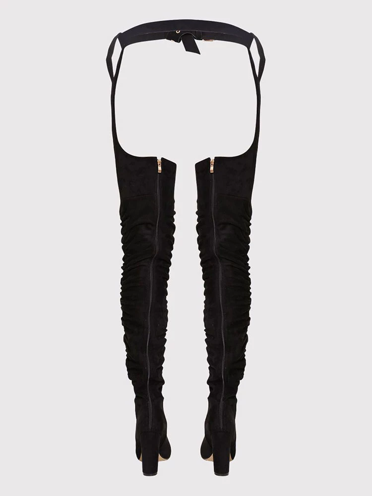 Women's Thigh High Belt Boots Chunky Heel Black Faux Suede 4 Women's Thigh High Belt Boots Chunky Heel Black Faux Suede - Image 4