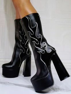 Women Boots Geometric Platforms High Heel Chunky Heel Black Mid Calf Boots -winter shoes Sales 2023 202109300958401188681