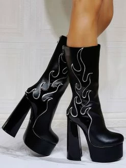 Women Boots Geometric Platforms High Heel Chunky Heel Black Mid Calf Boots -winter shoes Sales 2023 202109300958411762925