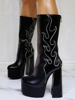 Women Boots Geometric Platforms High Heel Chunky Heel Black Mid Calf Boots -winter shoes Sales 2023 202109300958421659068