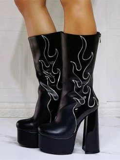 Women Boots Geometric Platforms High Heel Chunky Heel Black Mid Calf Boots -winter shoes Sales 2023 202109300958425159547