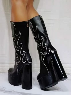 Women Boots Geometric Platforms High Heel Chunky Heel Black Mid Calf Boots -winter shoes Sales 2023 202109300958428975666