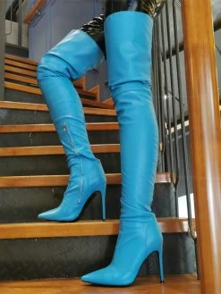 Women Over The Knee Boots Plus Size Stiletto Heel Pointed Toe Zipper PU Leather Light Blue Thigh High Boots 14 Women Over The Knee Boots Plus Size Stiletto Heel Pointed Toe Zipper PU Leather Light Blue Thigh High Boots -winter shoes Sales 2023 202109300958527923931